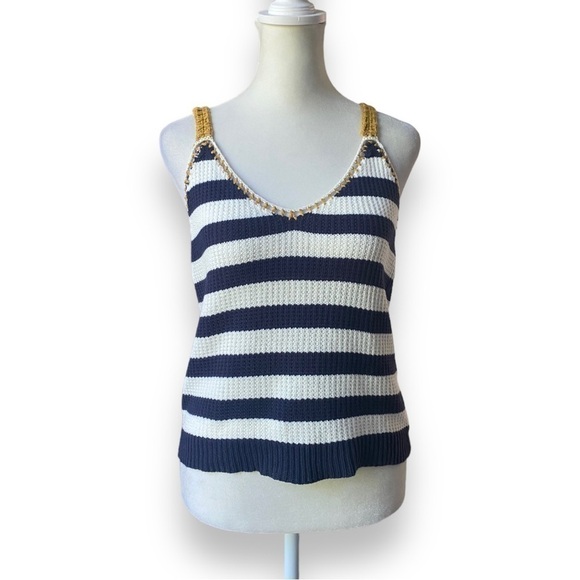 HEM & Thread Navy, White, and Gold Stripe Crochet Knit Tank Top | Size Medium - Picture 3 of 14